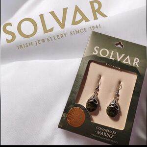 Solvar Rhodium Connemara Marble Trinity Knot Drop Earrings From Ireland NEW!